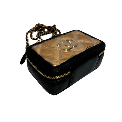 New CHANEL Lambskin Leather Vanity Case Shoulder Bag Gold Black GHW