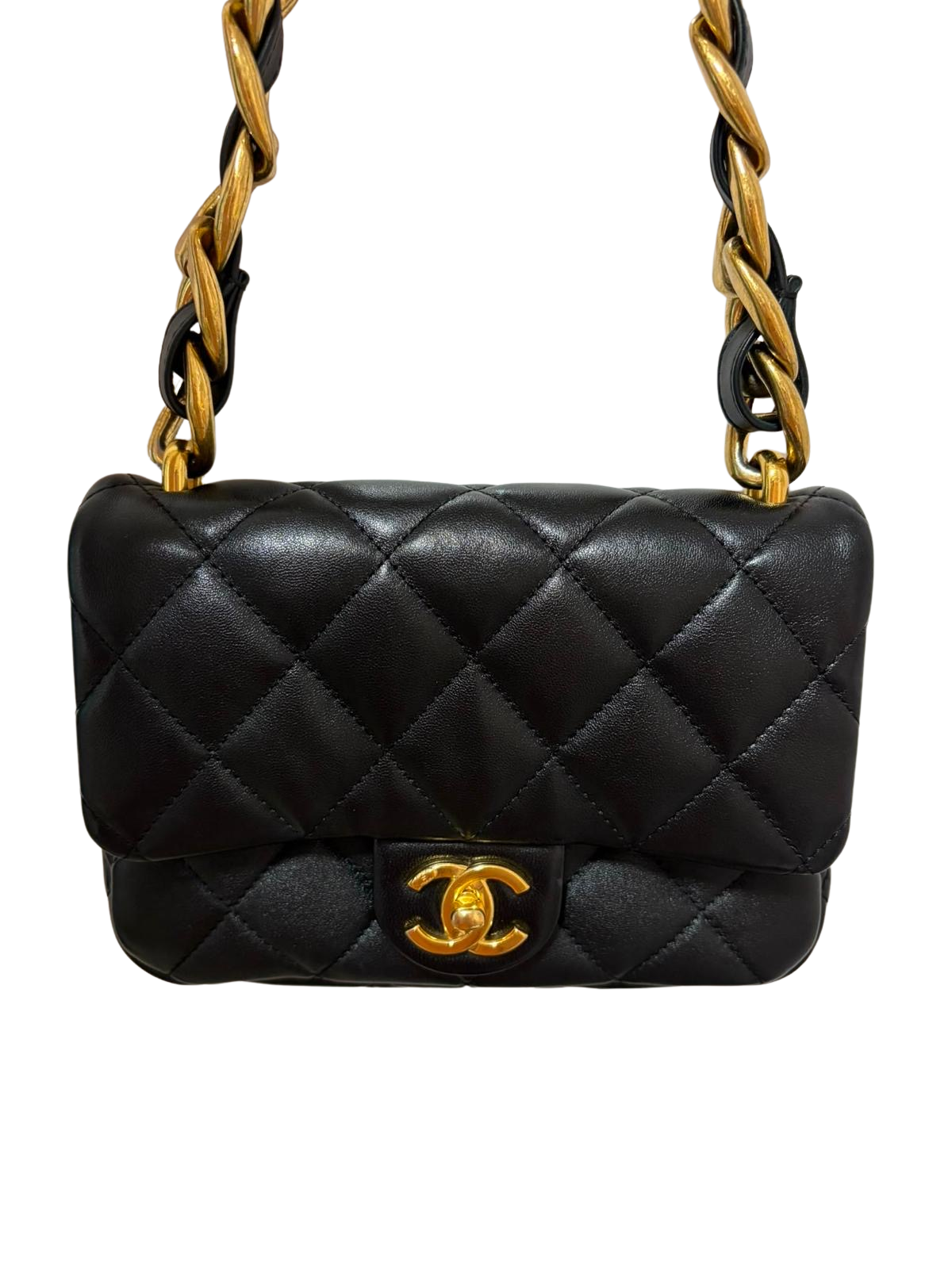 Used CHANEL Quilted Lambskin 22S Funky Town Flap Chain Shoulder Bag Black Gold