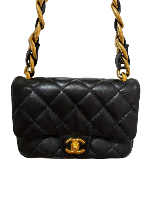 Used CHANEL Quilted Lambskin 22S Funky Town Flap Chain Shoulder Bag Black Gold