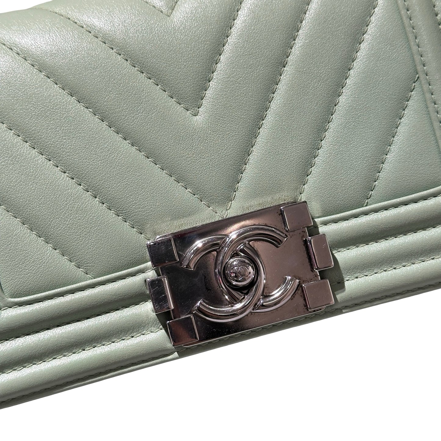 Used CHANEL Boy 20cm Cross Body Bag Green PHW