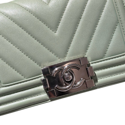 Used CHANEL Boy 20cm Cross Body Bag Green PHW