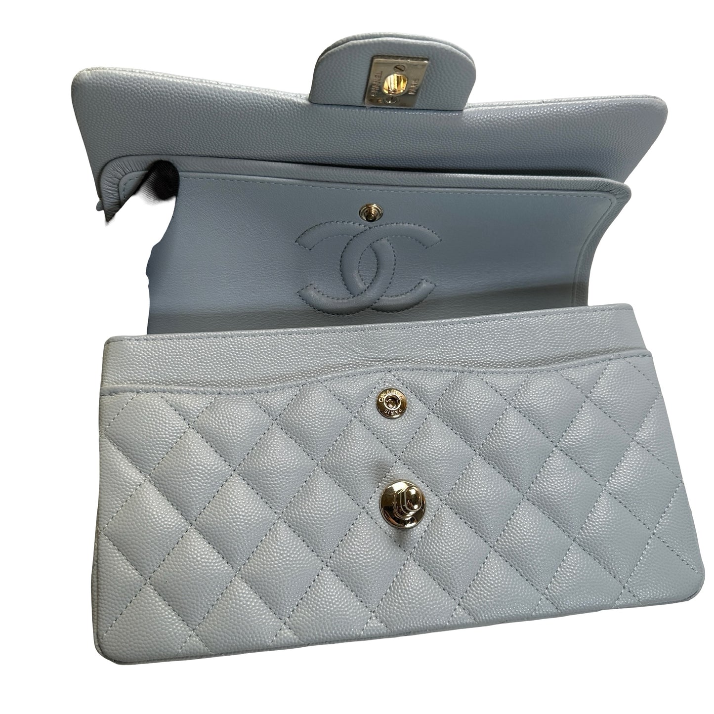 Used CHANEL Quilted Caviar CF23 Chain Shoulder Bag Light Blue GHW
