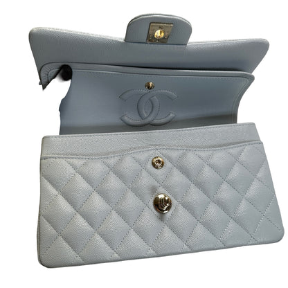 Used CHANEL Quilted Caviar CF23 Chain Shoulder Bag Light Blue GHW