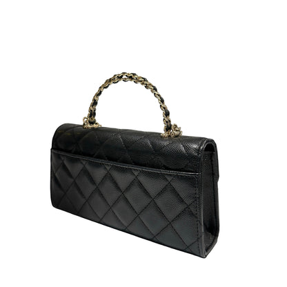 Used CHANEL Quilted Caviar Handle Classic Flap Handbag Black Gold
