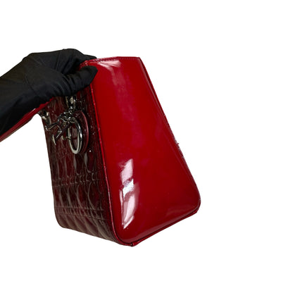 Used DIOR Cannage Patent Leather Lady Dior Handbag Red