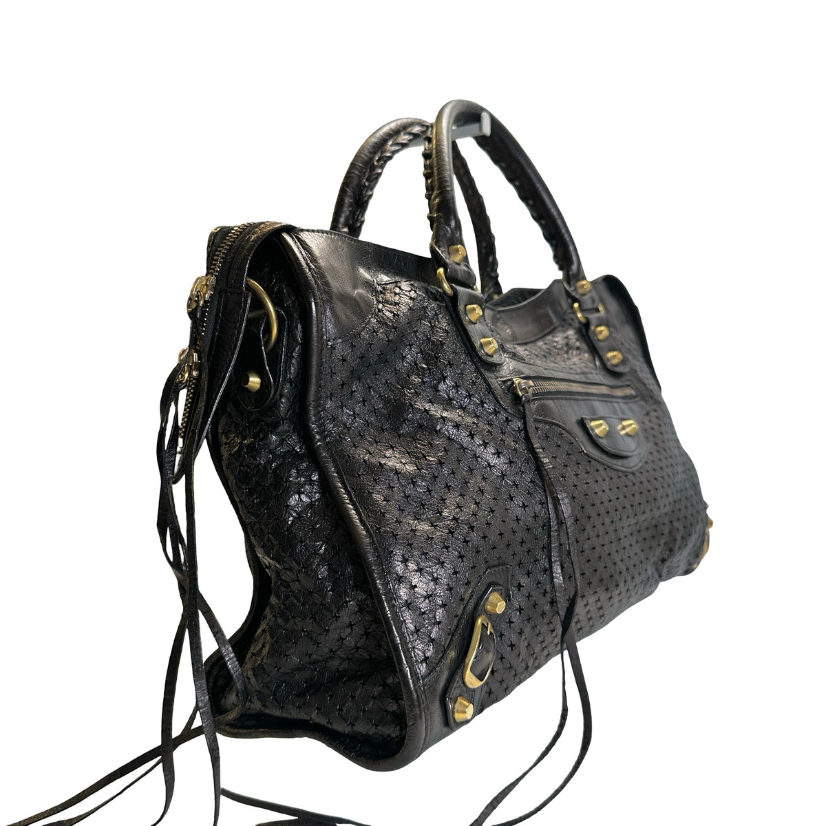 Used BALENCIAGA Leather Perforated City Handbag Black