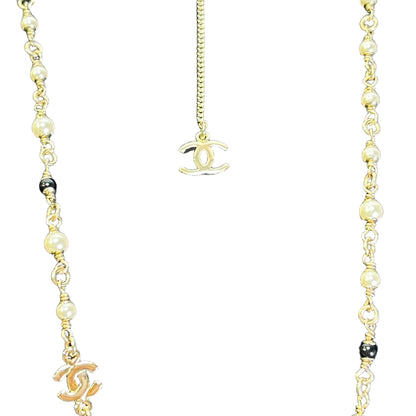 Brand New CHANEL Faux Pearl Metal Rhinestone Bambi Motif CC Pearl Long Necklace Necklace Gold White Green