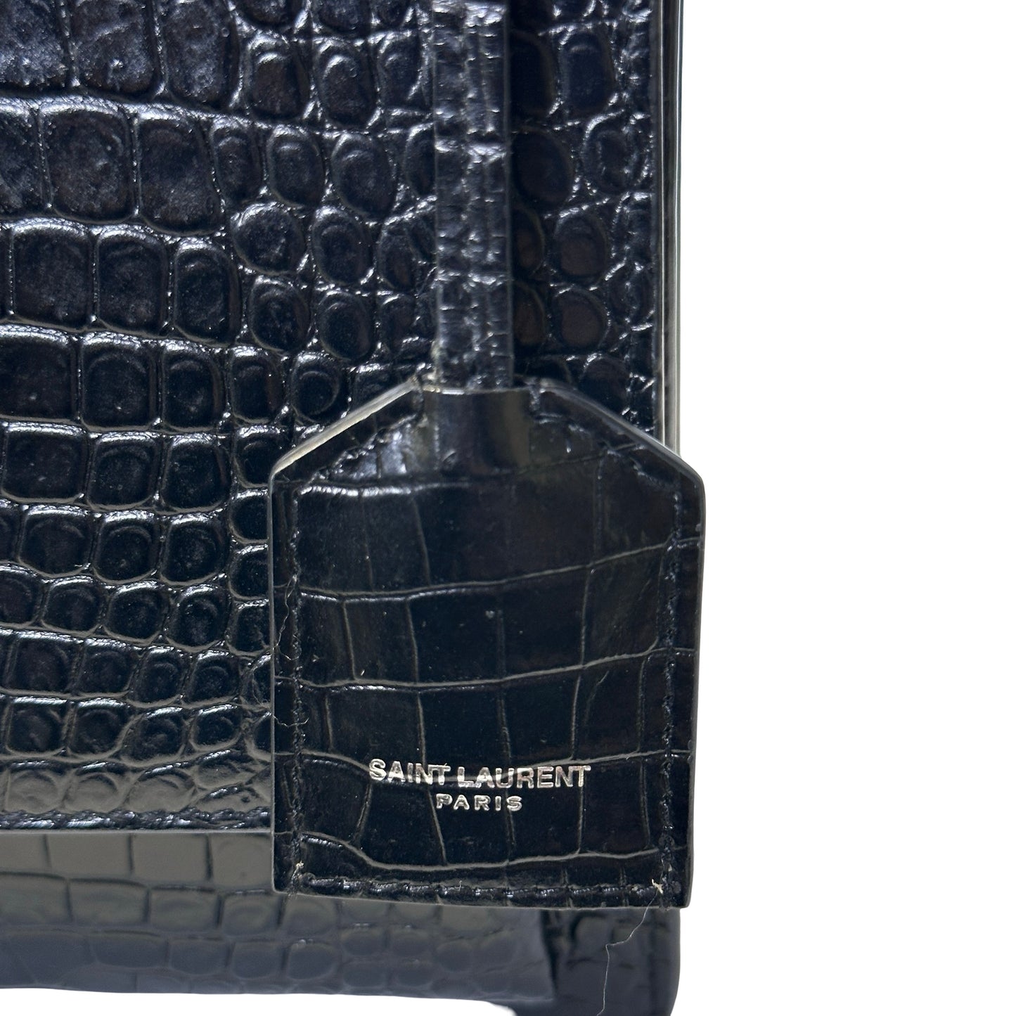 SAINT LAURENT Crocodile Embossed Leather Sunset Chain Shoulder Bag Black PHW