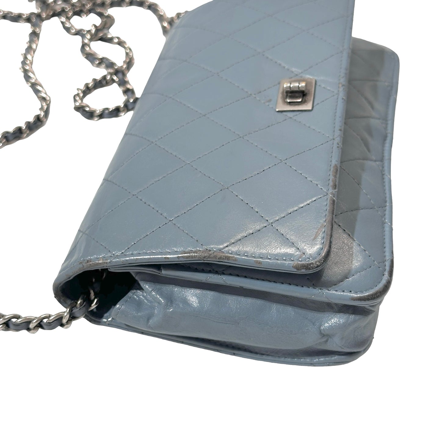 Used Chanel Shiny Calfskin WOC Cross Body Bag Baby Blue PHW