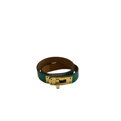 Used HERMES Leather Kelly Double Tour Bracelet BRACELET Green Gold