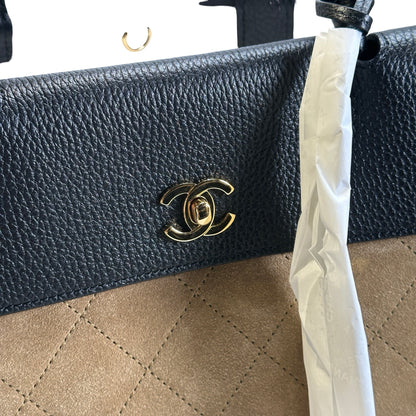 Brand New CHANEL Quilted Suede Caviar Deauville Tote Bag Beige Black Gold