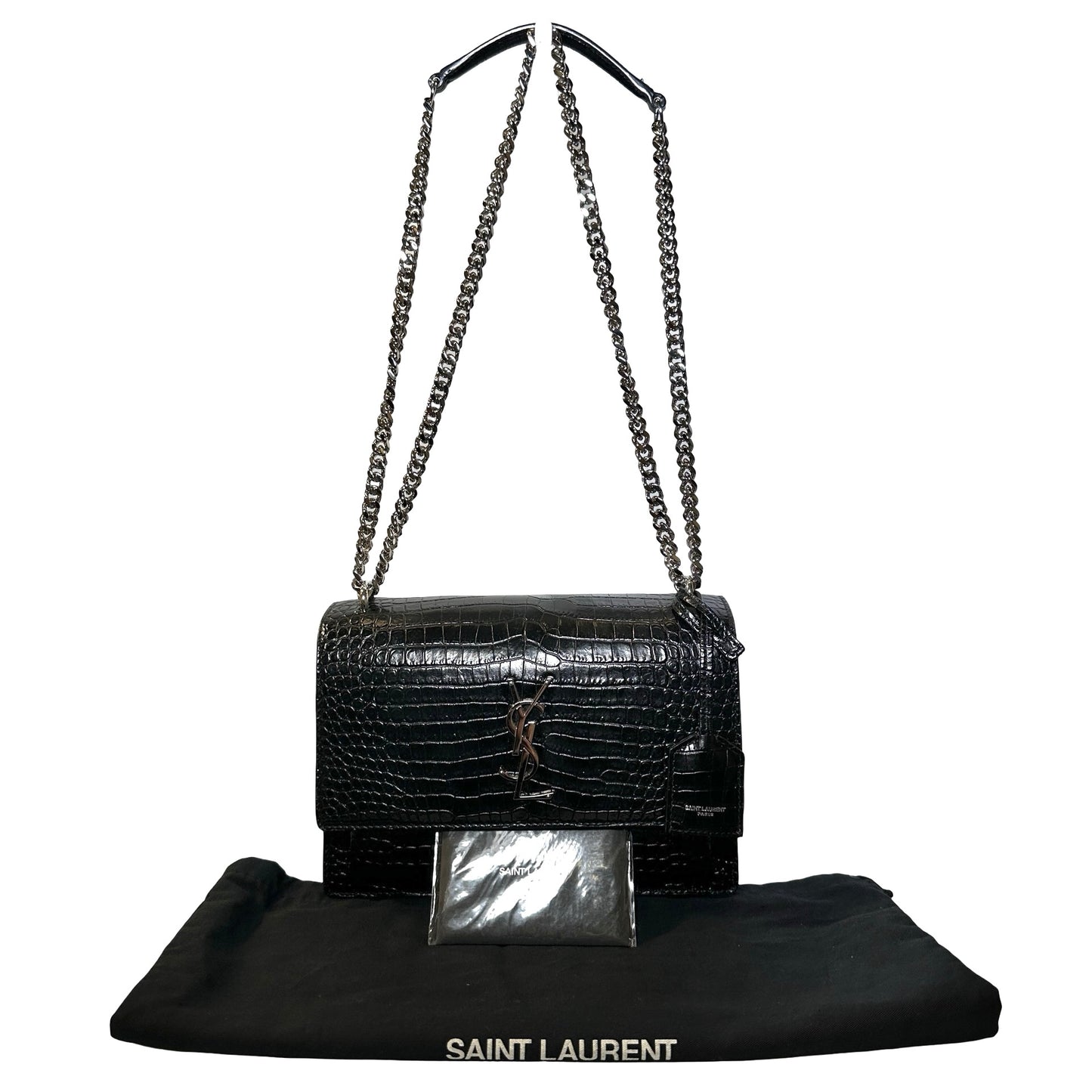 SAINT LAURENT Crocodile Embossed Leather Sunset Chain Shoulder Bag Black PHW