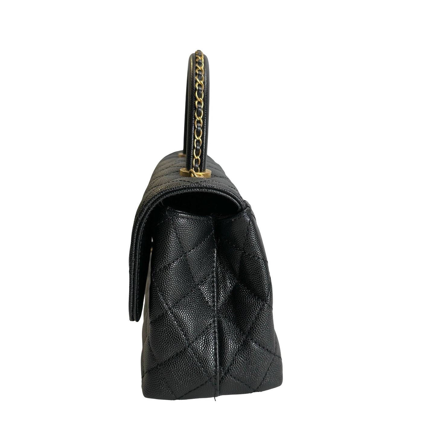 Used CHANEL Quilted Caviar Coco Handle Handbag Black Gold