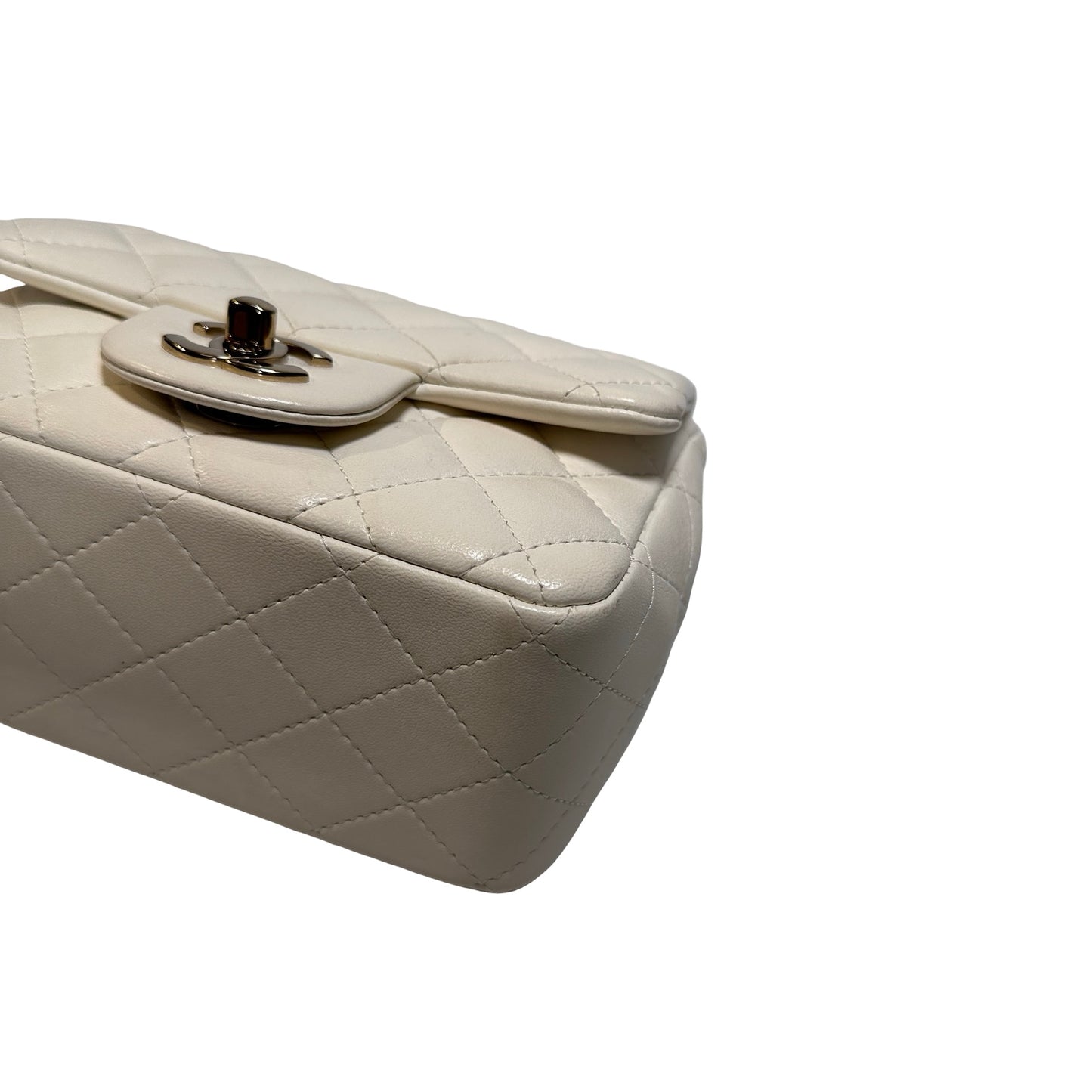 Used CHANEL Quilted Lambskin Classic Mini Rectangular Flap Bag Chain Shoulder Bag White GHW
