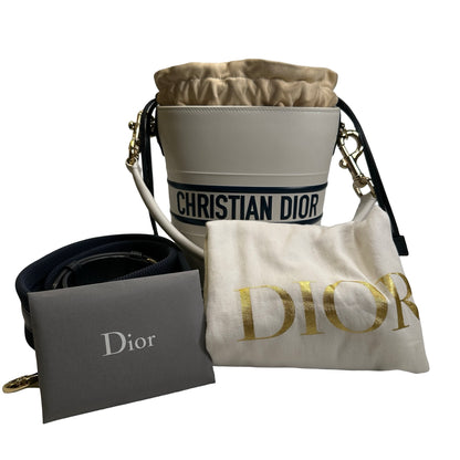 Used DIOR Leather Vibe Bucket Bag White Navy Blue