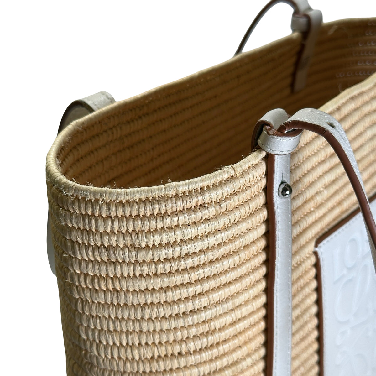 Used LOEWE Raffia Calfskin Square Basket Basket Bag Natural White