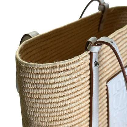 Used LOEWE Raffia Calfskin Square Basket Basket Bag Natural White