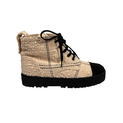 Used CHANEL Tweed High-top Sneakers Shoes Beige Black GHW