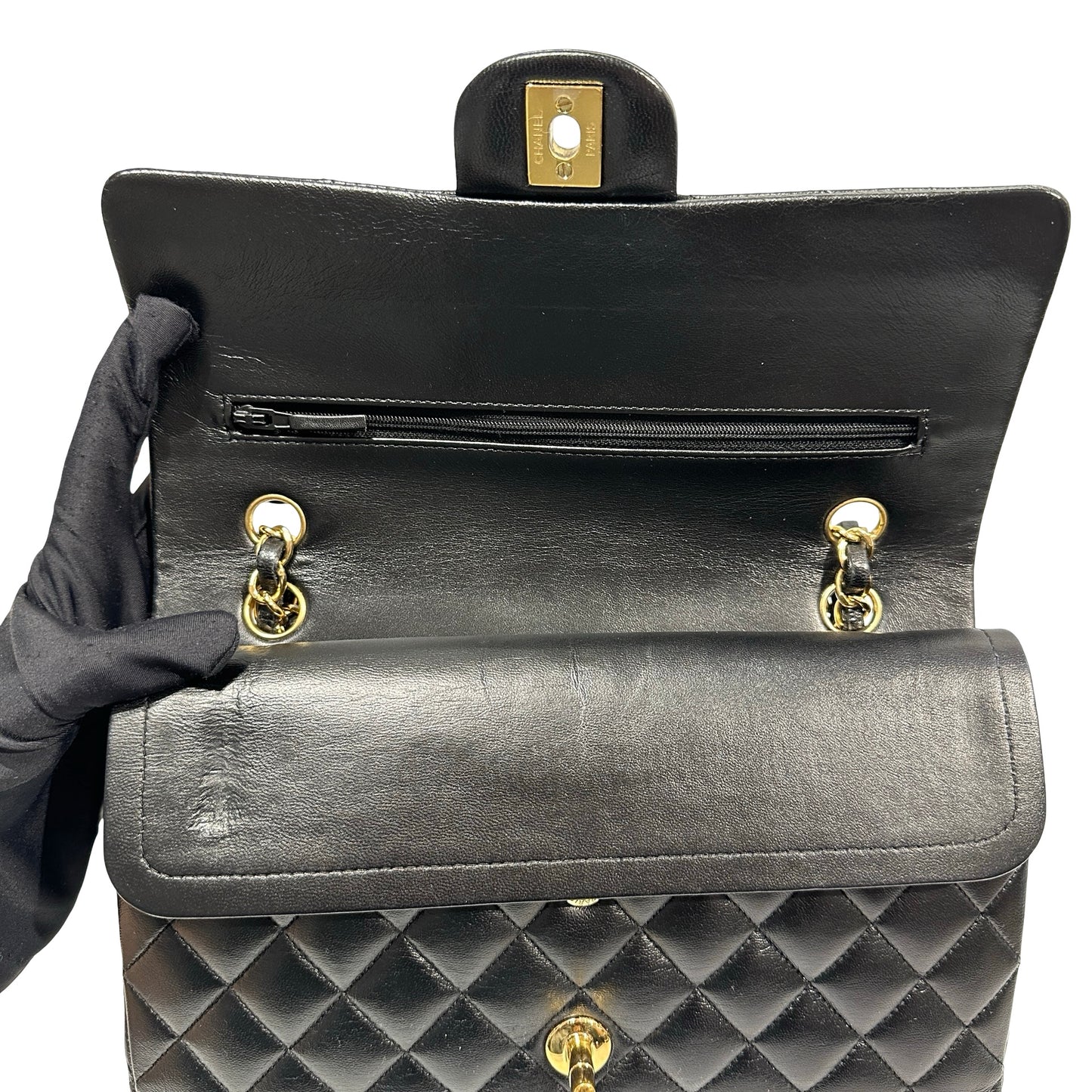 Used Chanel Calfskin Leather CF 25 Shoulder Bag Black GHW