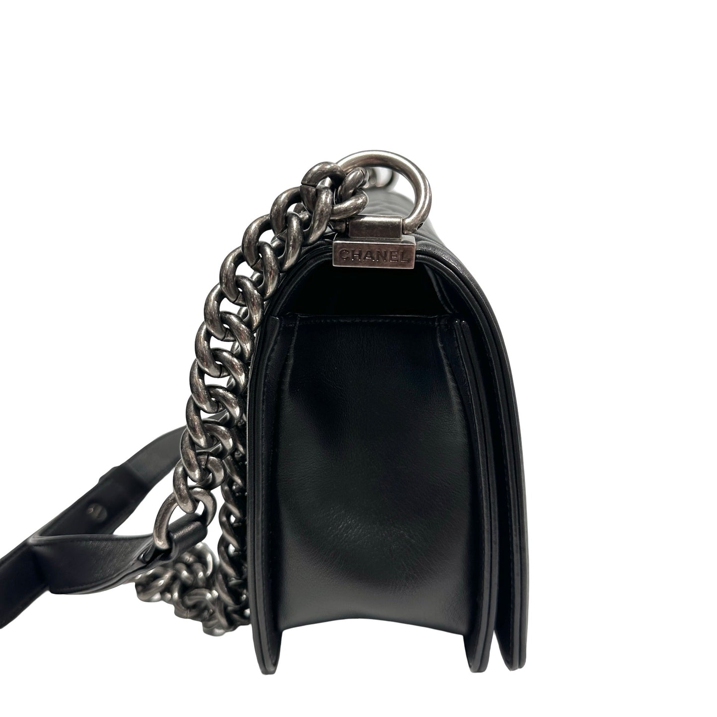 Used Chanel Lambskin Leather Boy 25 Shoulder Bag Black PHW
