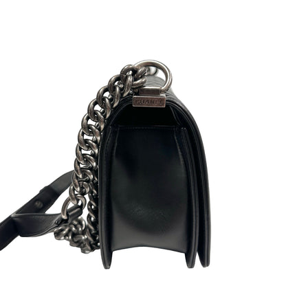 Used Chanel Lambskin Leather Boy 25 Shoulder Bag Black PHW