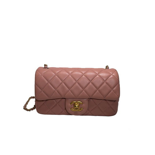 Used CHANEL Diamond Quilted Lambskin Mini Rectangular Flap Chain Shoulder Bag Pink