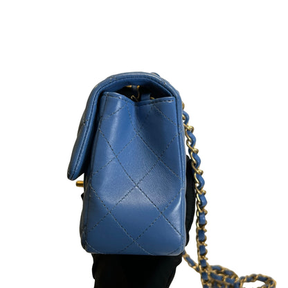 Used CHANEL Quilted Lambskin Classic Flap Handbag Blue Gold hardware