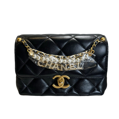Used CHANEL Quilted Velvet 24A mini pearl logo Flap bag Bucket Bag Black Gold