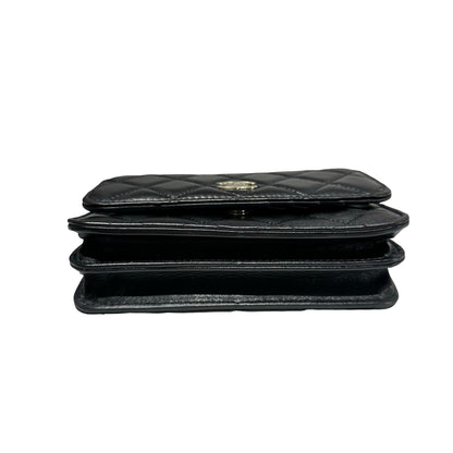 Used CHANEL WOC with PEARL Cross Body Bag Black GHW