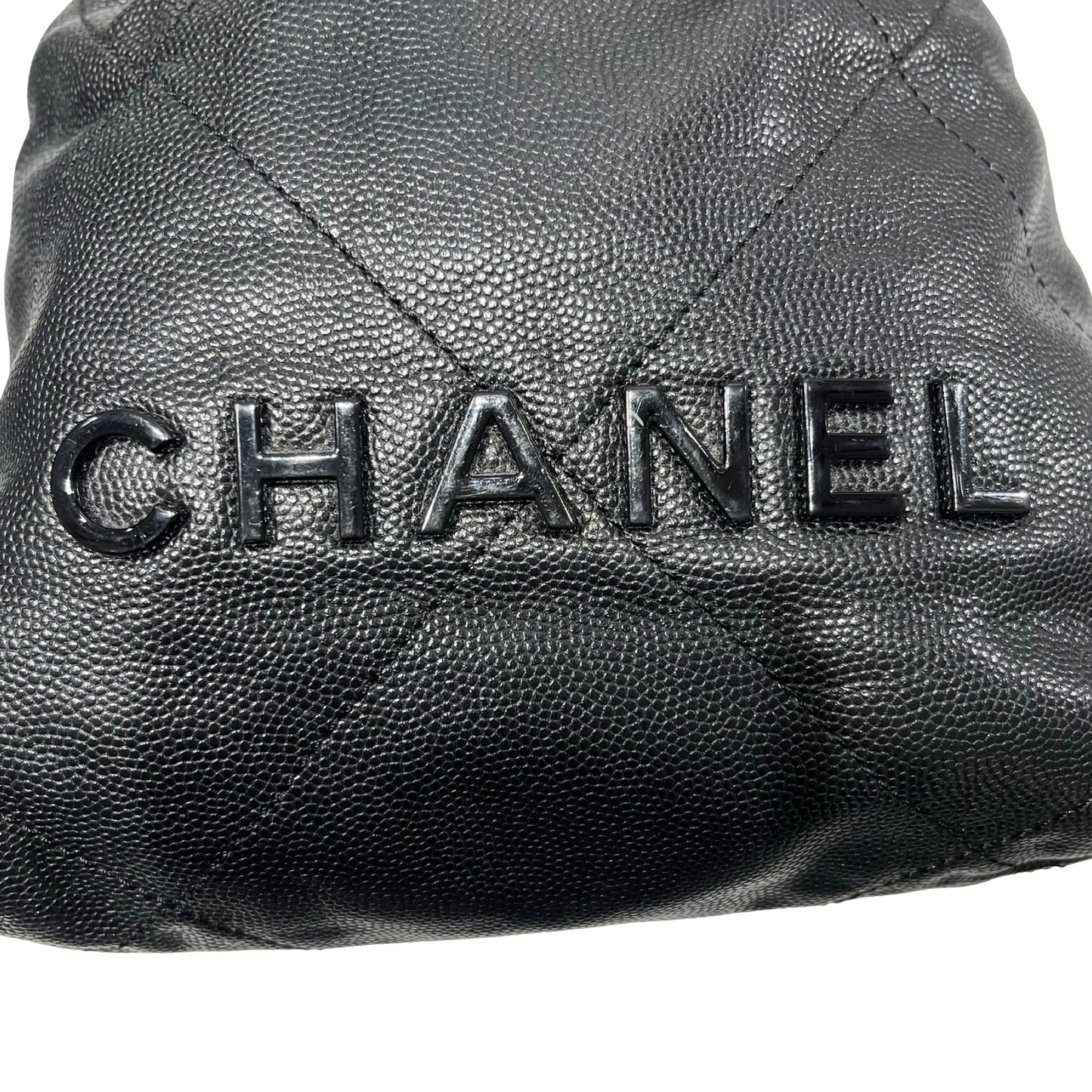Used CHANEL Calfskin Leather Mini 22 Bucket Bag Black GHW