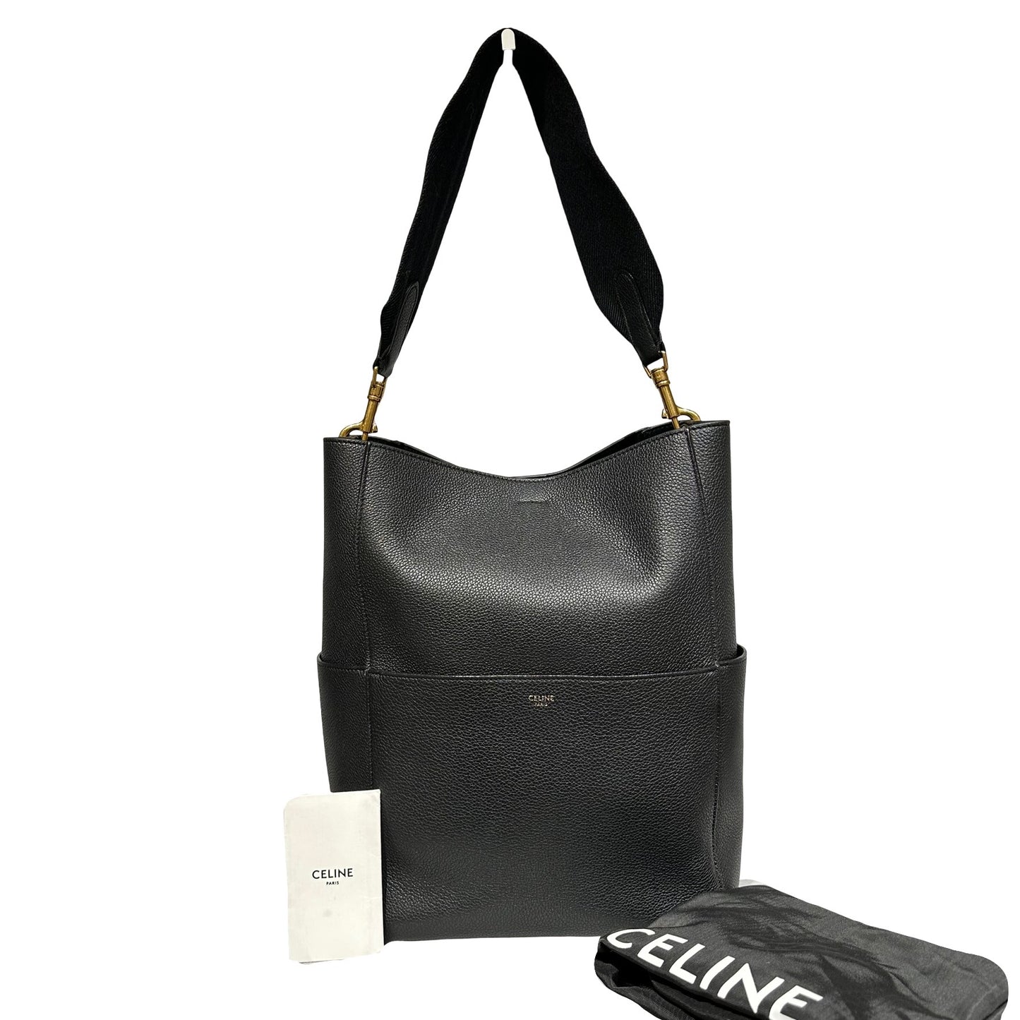 Used CÉLINE Calfskin Leather Sangle Shoulder Bag Black GHW