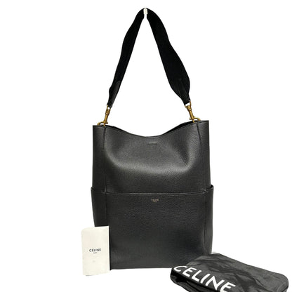 Used CÉLINE Calfskin Leather Sangle Shoulder Bag Black GHW