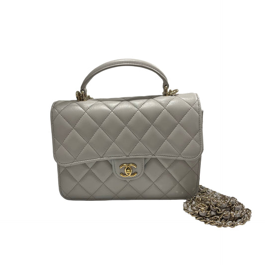 Used CHANEL Quilted Caviar Mini Flap Bag with Top Handle Handbag Light Grey