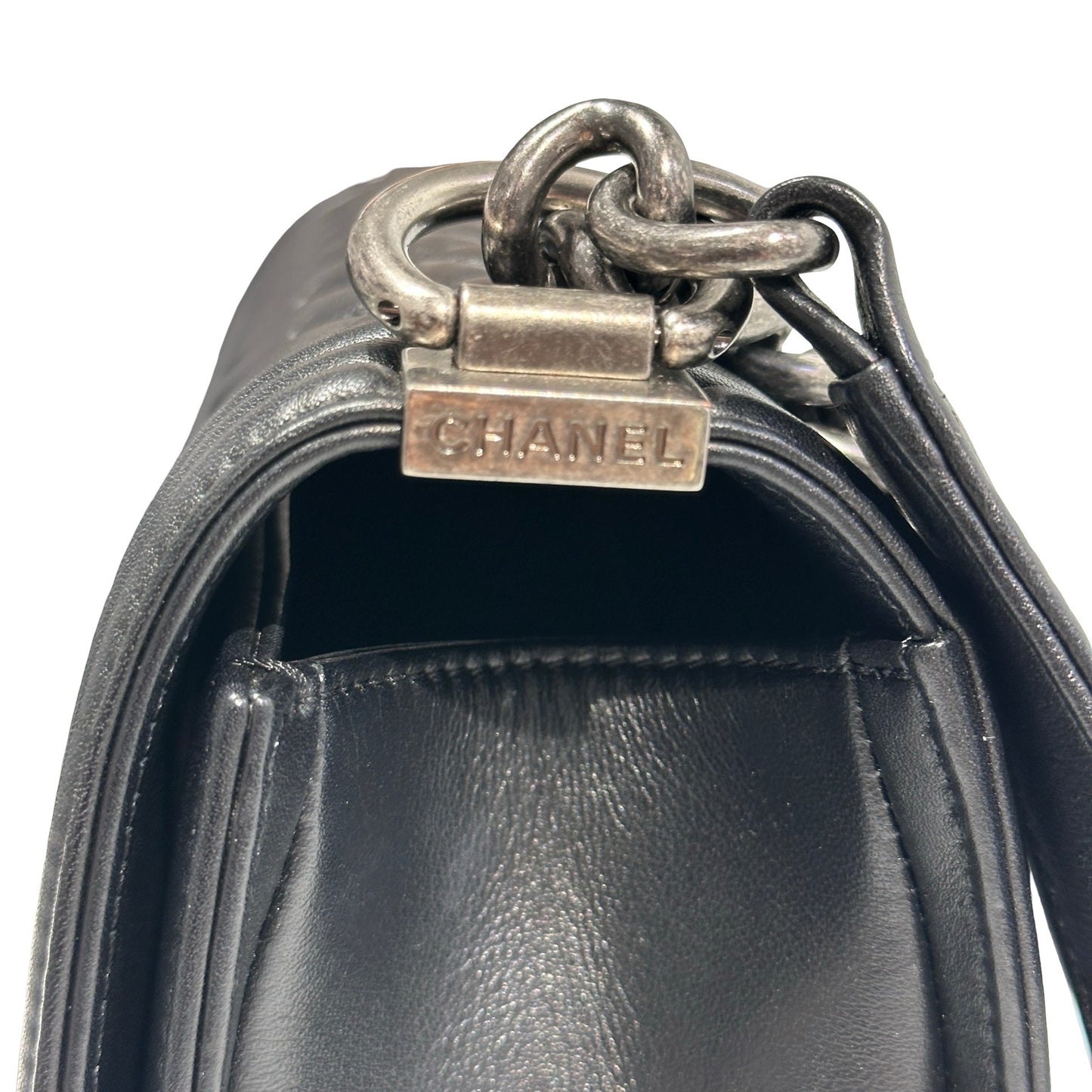 Used Chanel Lambskin Leather Boy 25 Shoulder Bag Black PHW