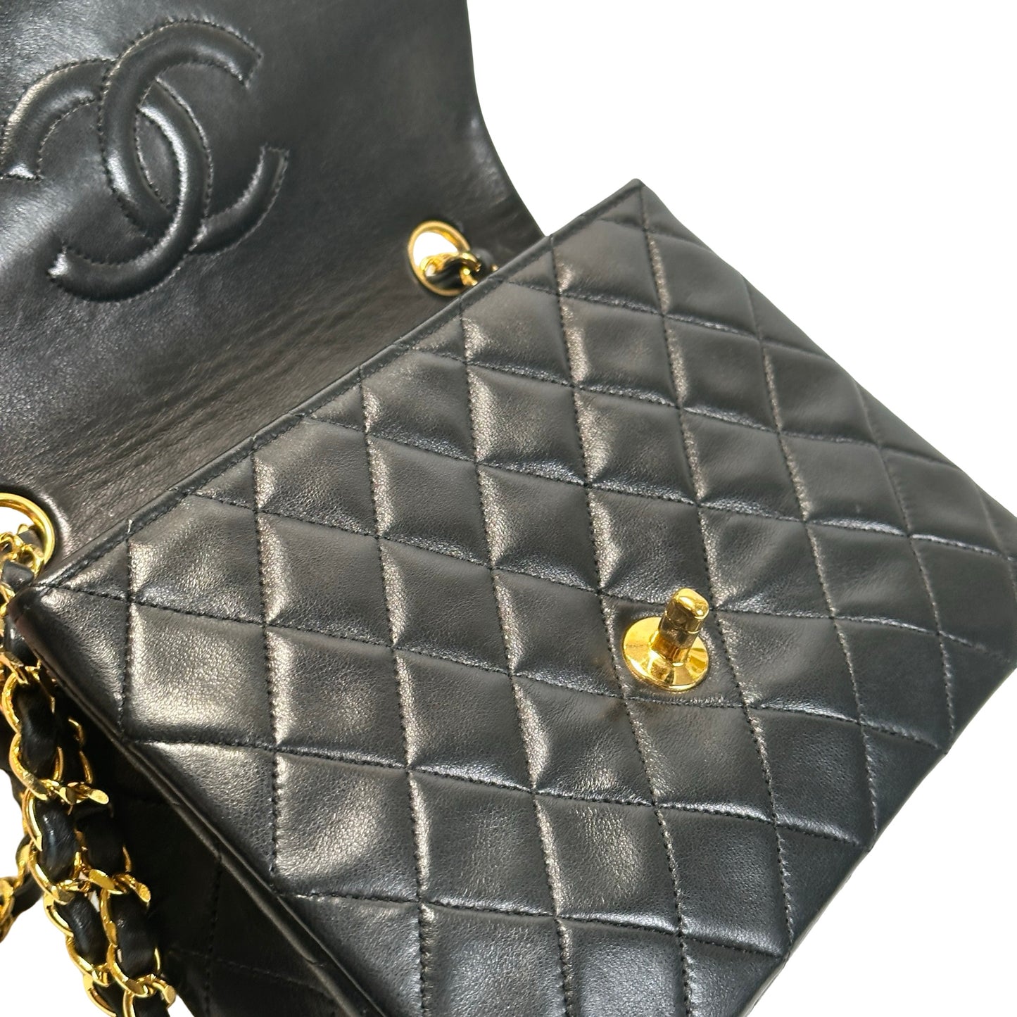 Used CHANEL Quilted Lambskin Mini Square Flap Chain Shoulder Bag Black Gold
