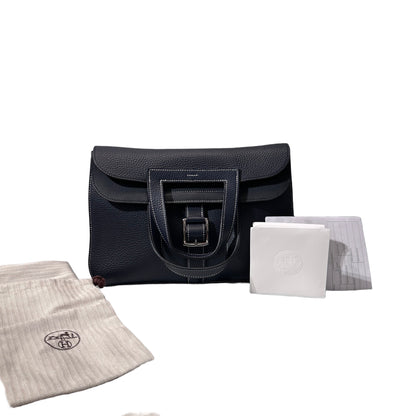 Used HERMÈS Clemence leather Halzan 31 Shoulder Bag Navy Blue PHW
