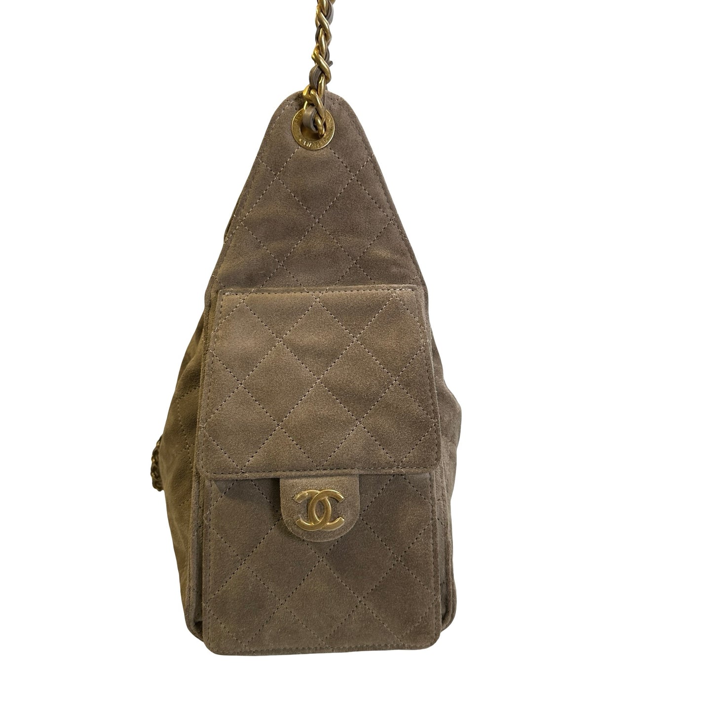 Used CHANEL Suede Quilted Suede Quilted Handbag Handbag Khaki Gold