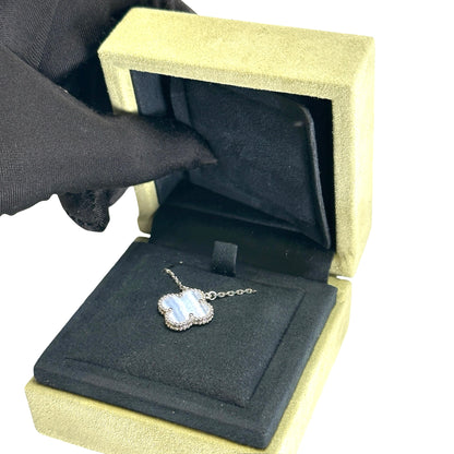 Used VAN CLEEF & ARPELS White Gold Chalcedony Vintage Alhambra Necklace Silver Blue