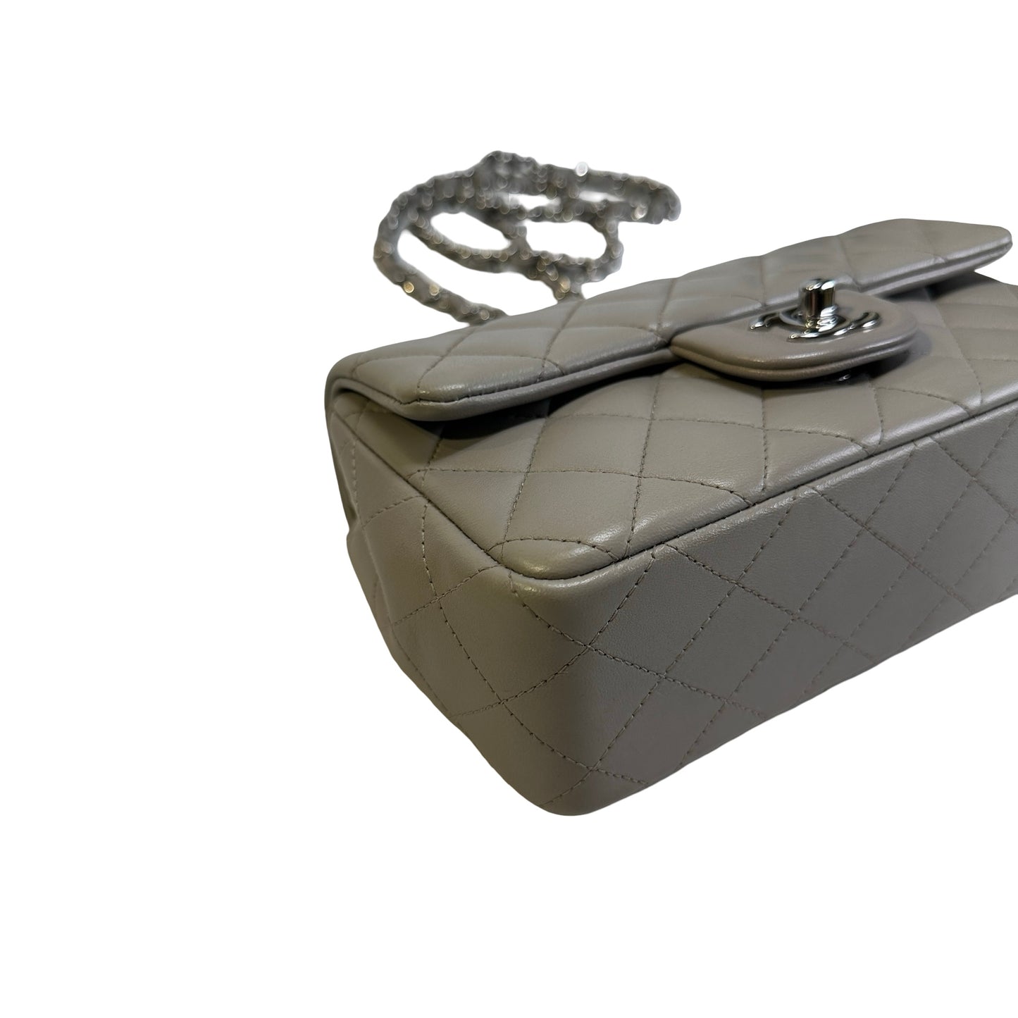 Used CHANEL Quilted Lambskin Mini Rectangular Flap Bag Shoulder Bag Grey Silver Hardware