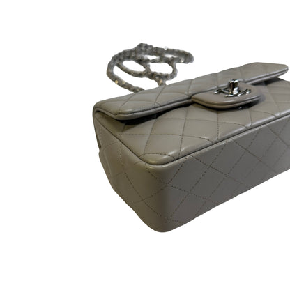Used CHANEL Quilted Lambskin Mini Rectangular Flap Bag Shoulder Bag Grey Silver Hardware