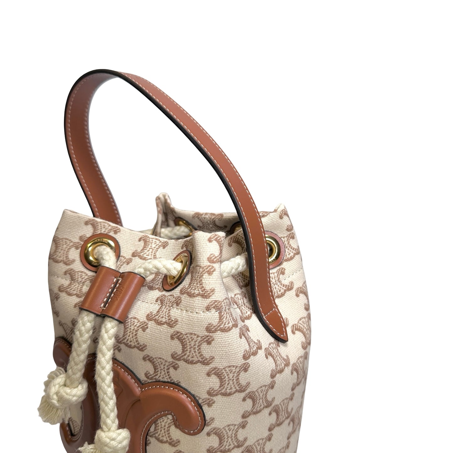 Used CELINE Triomphe Canvas Calfskin Teen Triomphe Drawstring Drawstring Bag Beige Brown GHW
