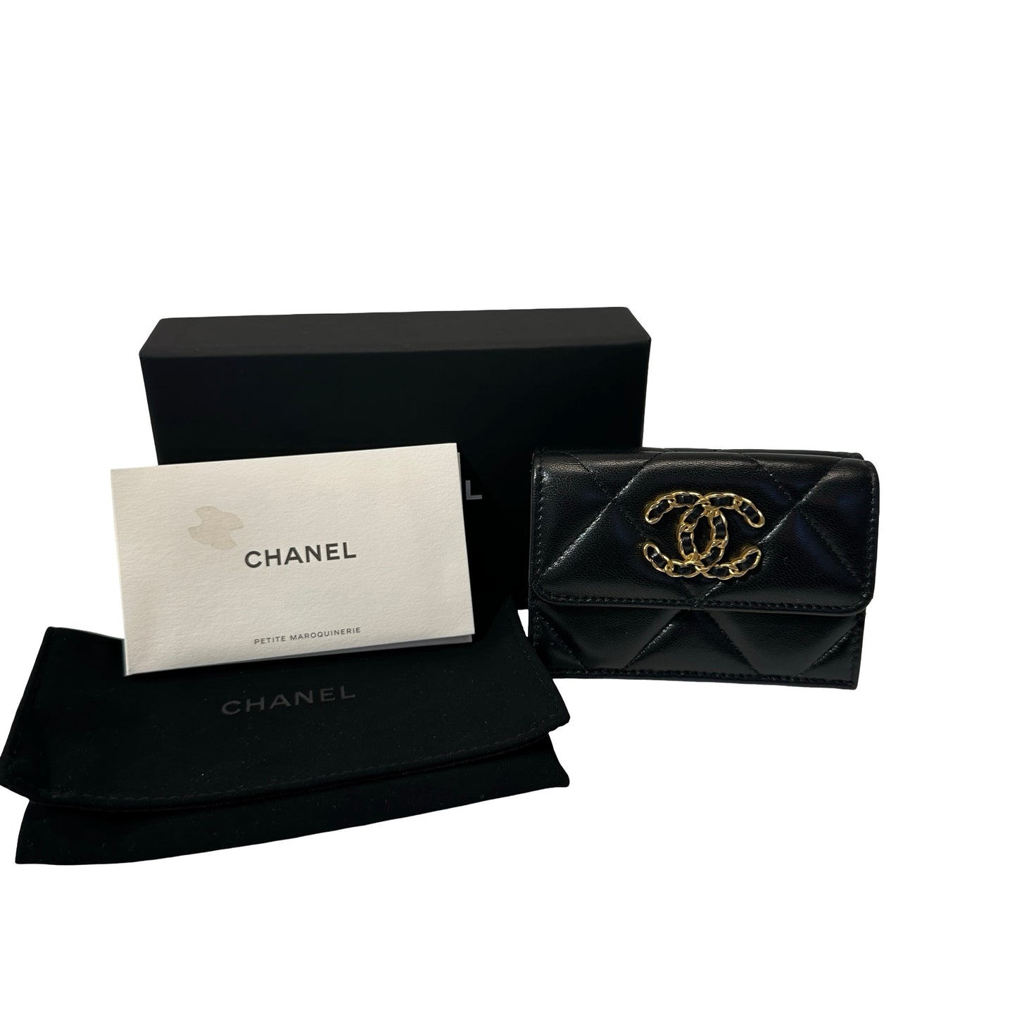 Used Chanel Calfskin Leather C19 Flap Card Holder Black GHW