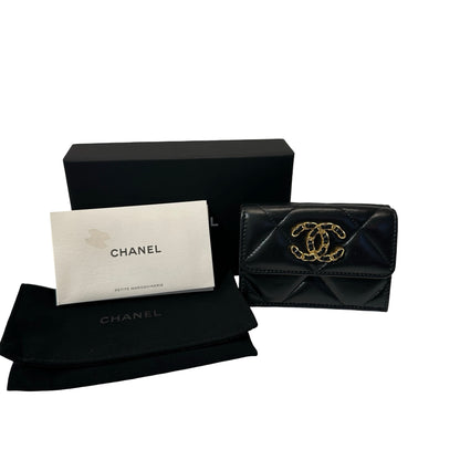Used Chanel Calfskin Leather C19 Flap Card Holder Black GHW