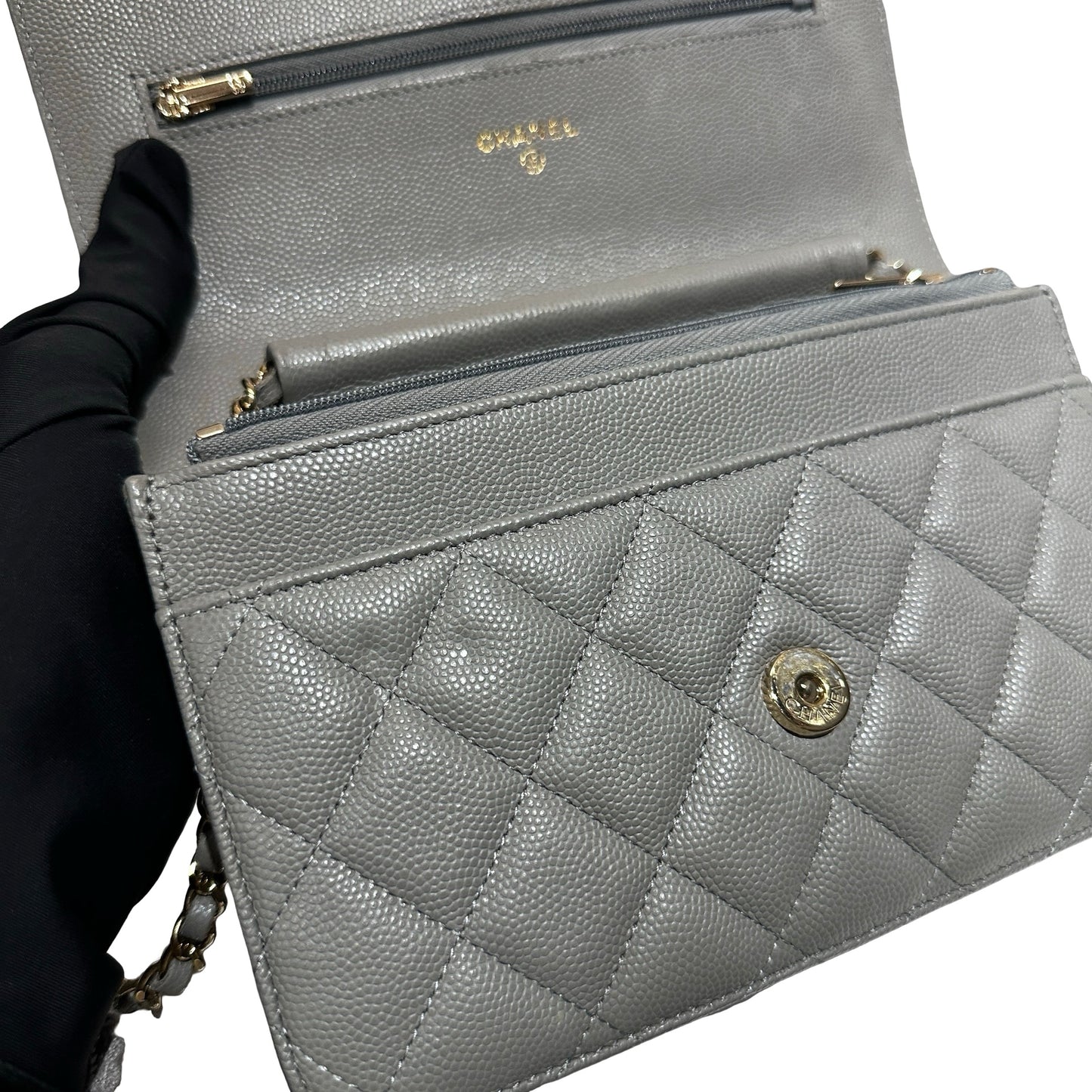Used CHANEL Caviar Leather WOC Calf Skin Cross Body Bag Grey PHW