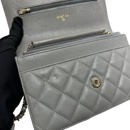 Used CHANEL Caviar Leather WOC Calf Skin Cross Body Bag Grey PHW