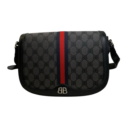 Used BALENCIAGA X GUCCI BB Monogram Web Stripe Canvas Leather Hacker Project Small Shoulder Bag Shoulder Bag Black Grey Red Blue