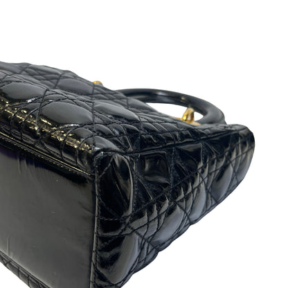Used DIOR Cannage Patent Leather Lady Dior Handbag Black Gold