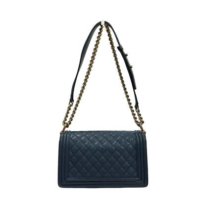 Used Chanel Calfskin Leather Boy 25 Shoulder Bag GHW Blue