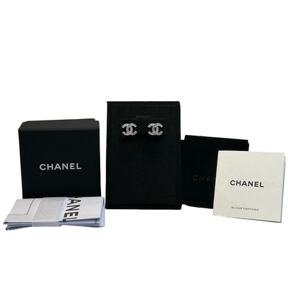 Brand New CHANEL CC Logo Crystal Earrings Silver