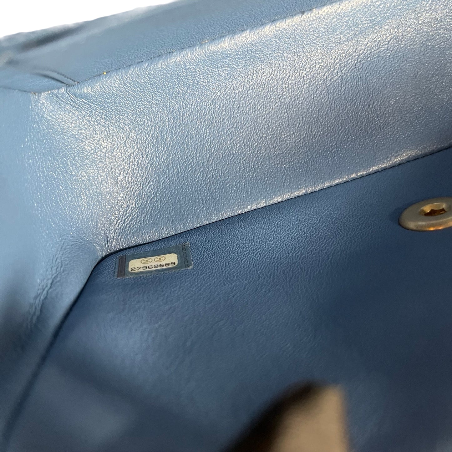 Used CHANEL Quilted Lambskin Classic Flap Handbag Blue Gold hardware